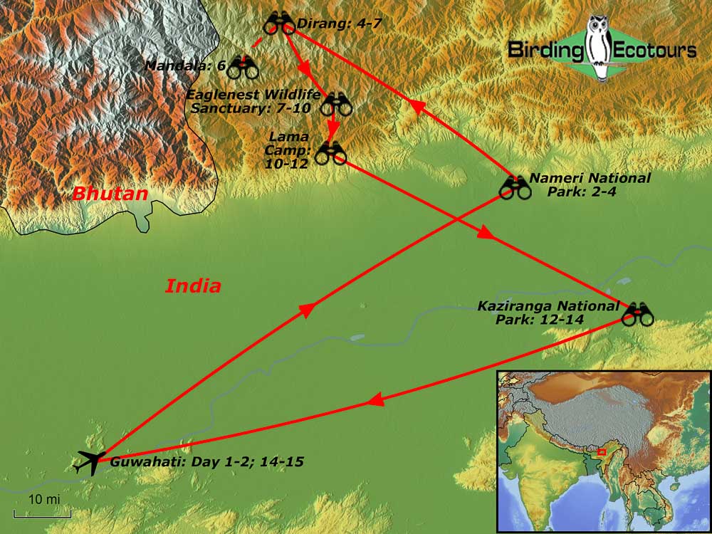 Map of birding tour in India: The Northeast – Spectacular Birds & Mammals April 2025/2026